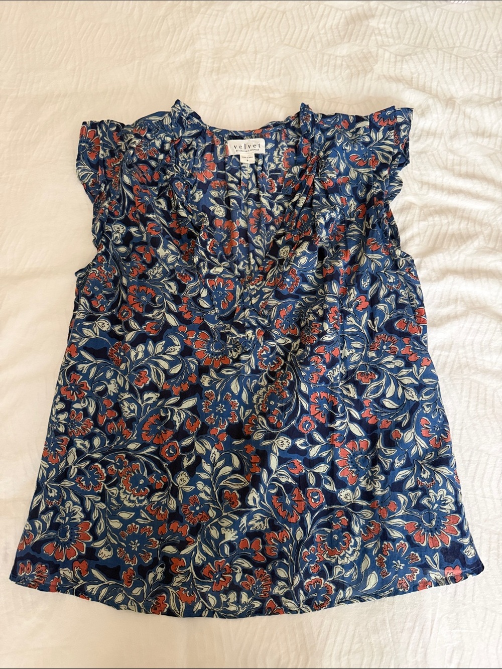 Velvet by Graham & Spencer Navy Floral Ruffle Sleeve Top